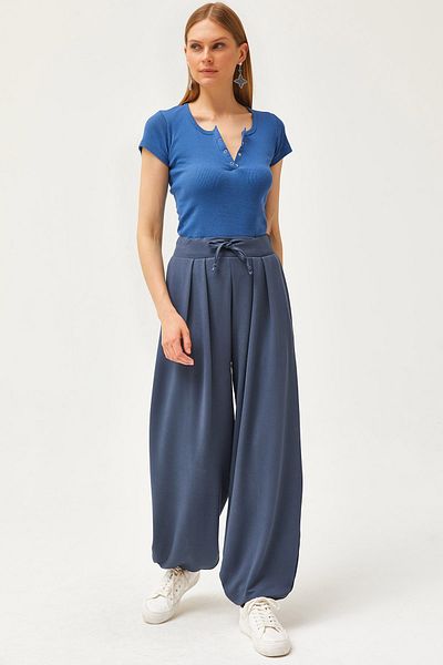 Olalook Damen-Schnürhose mit geräucherter Taille und weicher, strukturierter, fließender Shalwar-Hose PNT-19000273