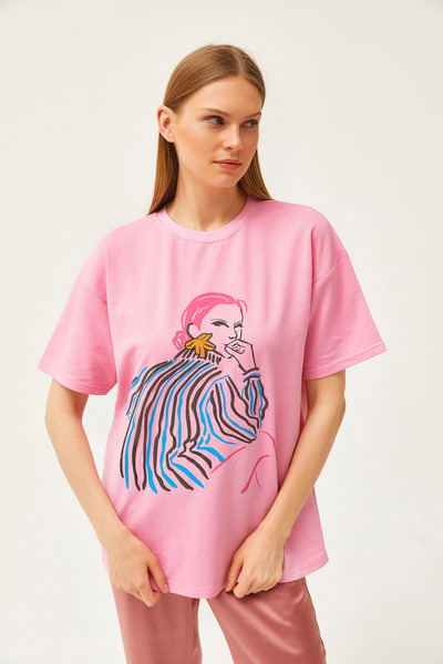 Olalook Γυναικείο μπλουζάκι με στάμπα ροζ κοριτσιού oversize TSH-19000799