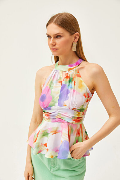 Olalook Dámská kravatová květinová halenka s krepovým výstřihem a pasem BLZ-19001505