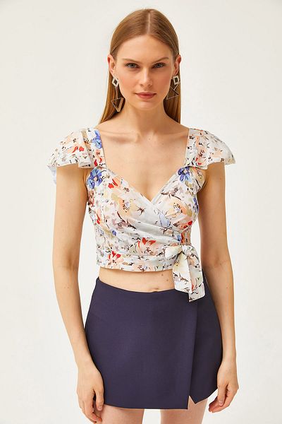 Olalook Damen-Bluse aus Mos-Crêpe mit Blumenmuster, seitlichem Reißverschluss und Ärmeln in Blau, BLZ-19001463