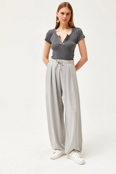 Olalook Graue, weich strukturierte, fließende Shalwar-Hose mit Schnürung für Damen PNT-19000273