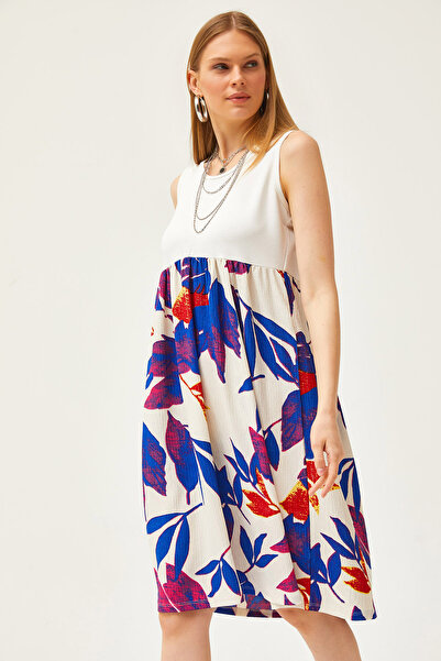 Olalook Γυναικείο πλεκτό φόρεμα εκρού σακς μπλε κρύσταλλο με σχέδιο ELB-19002107