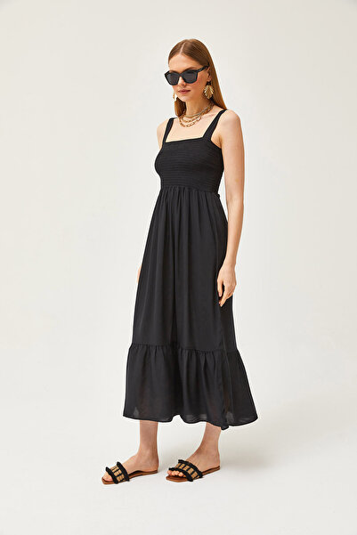 Olalook Dámské midi tkané viskózové šaty s černým páskem ELB-19002102