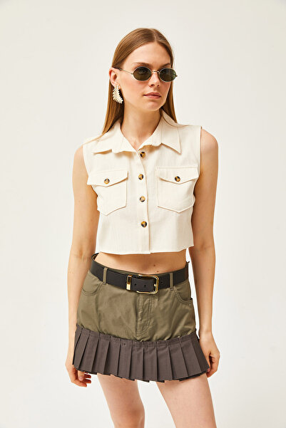 Olalook Women's Stone Pocket Buttoned Crop Gabardine Shirt GML-19001192