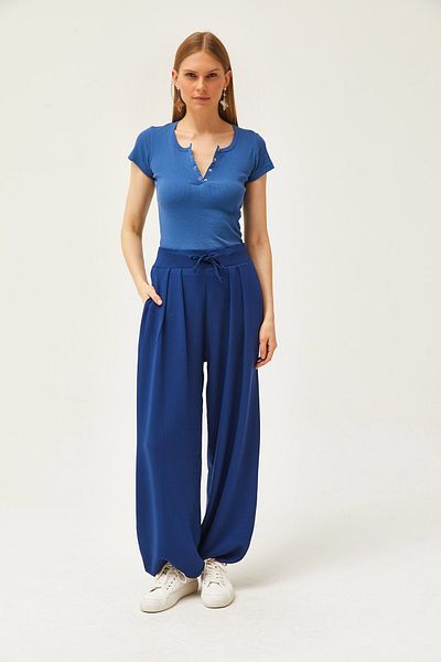 Olalook Marineblaue, weich strukturierte, fließende Shalwar-Hose mit Schnürung für Damen PNT-19000273