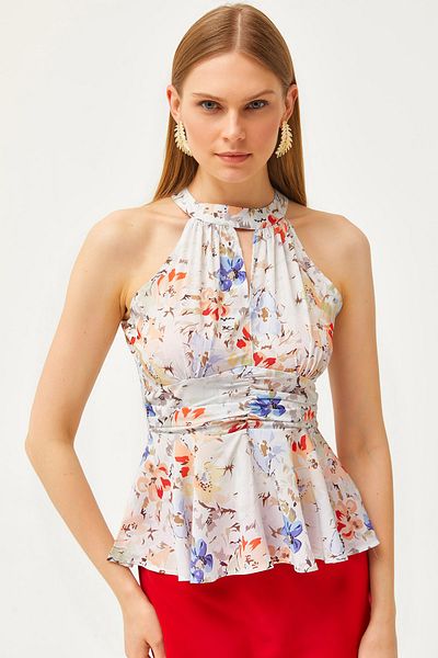Olalook Bluză de damă, albastră, florală, cu gât, talie, detaliată, din crepon BLZ-19001505