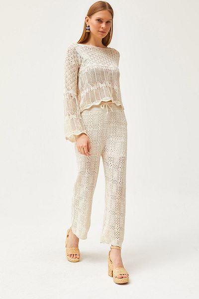 Olalook Women's Ecru Lace-Up Patch Openwork Knitwear Trousers PNT-19000274