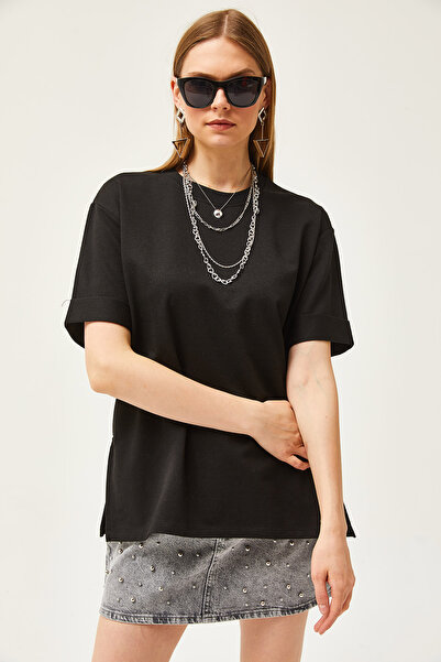 Olalook Γυναικείο μπλουζάκι με διπλό μανίκι με διπλό μανίκι, μαύρο Crew, TSH-19000796