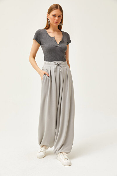Olalook Kadın Gri Beli Bağcıklı Yumuşak Dokulu Dökümlü Şalvar Pantolon PNT-19000273