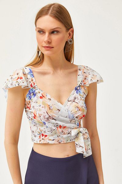 Olalook Damen-Bluse aus Mos-Crêpe mit Blumenmuster, seitlichem Reißverschluss und Ärmeln in Blau, BLZ-19001463