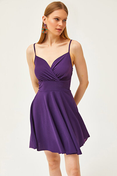 Olalook Damska fioletowa sukienka z podwójnymi piersiami i kołnierzykiem, rozkloszowana AEL-00000004