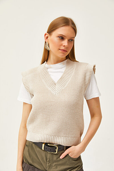 Olalook Kadın Taş V yaka Petek Triko Süveter SVT-00000035