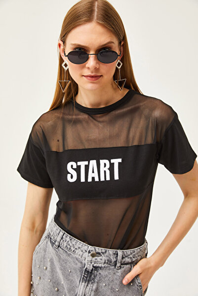 Olalook Γυναικείο μπλουζάκι με κεντημένο μαύρο τούλι TSH-19000798