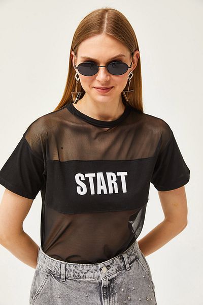 Olalook Tricou de damă cu tul negru brodat TSH-19000798