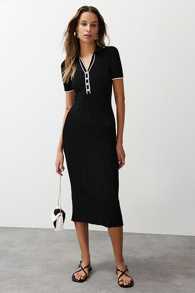 Trendyol Collection Černé šaty s límečkem Midi Polo TWOSS24EL00831