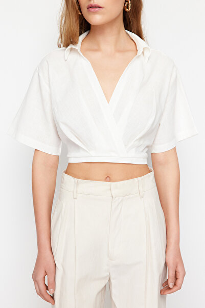 Trendyol Collection Двобортна блуза з кроп-тканини екрю TWOSS24BZ00479