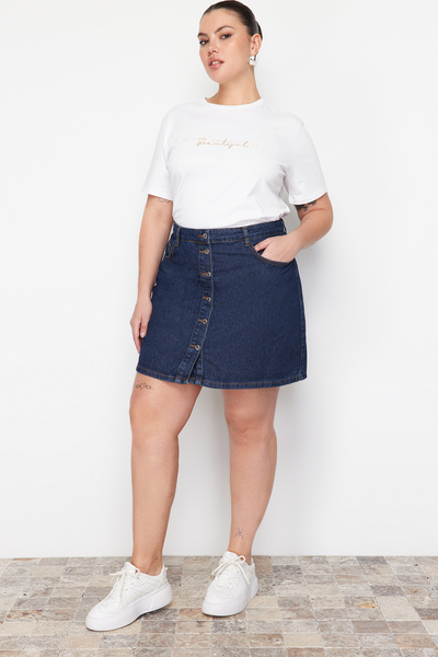 Trendyol Curve Dark Blue Button Front Denim Skirt TBBSS23AZ00005
