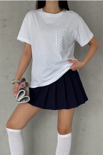 FEMELLE Women's White Pocket Sequin Detailed Cotton T-Shirt