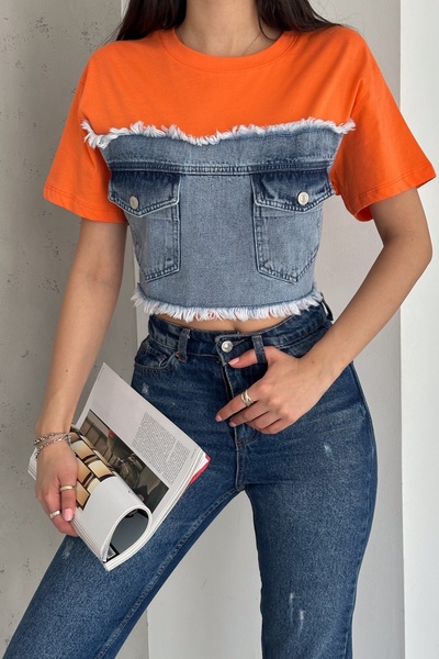 FEMELLE Women's Orange Double Pocket Tasseled Denim Detailed Design Cotton T-Shirt