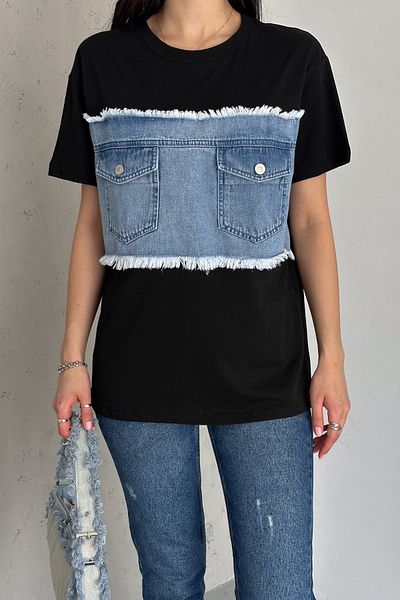 FEMELLE Tricou de damă, negru, cu buzunar dublu, din denim, cu design detaliat, din bumbac