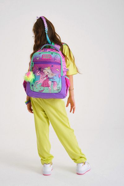 Coral High Rucsac școlar cu trei compartimente pentru copii, roz deschis, violet, unicorn prințesă 23481