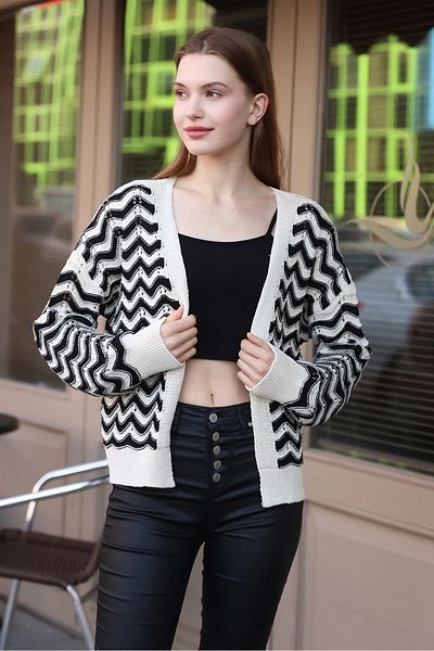 ALCHON V-Neck Long Sleeve Openwork Stripe Striped Hollowed Out Loose Fit Knitwear Summer Cardigan