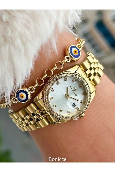 FERRO Gold Yellow Color, Steel Cord, Waterproof, Guaranteed, Women's Wristwatch + Bracelet