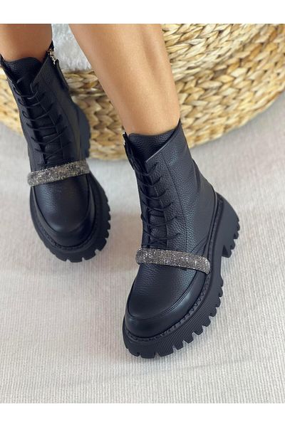 SHOEMARK Jewel Black Genuine Leather Zippered Women's Boots with Stone Band Detail