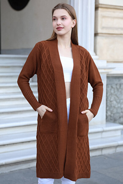 ALCHON V-Neck Argyle Print - Midi Knitwear Χειμερινή ζακέτα με μακρύ μανίκι και λάστιχο στον αστράγαλο