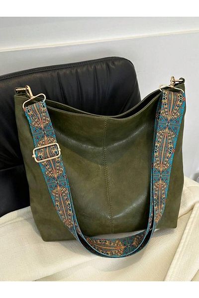 Katusa Khaki Women's Shoulder Bag - Zippered and Ethnic Patterned Strap