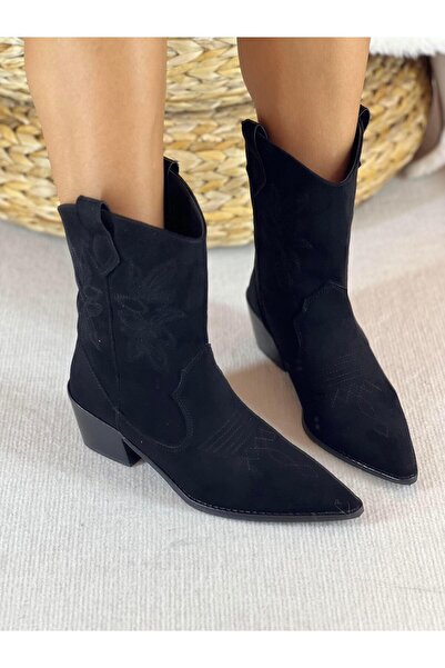 SHOEMARK Opal Siyah Süet Nakışlı Western Kadın Bot