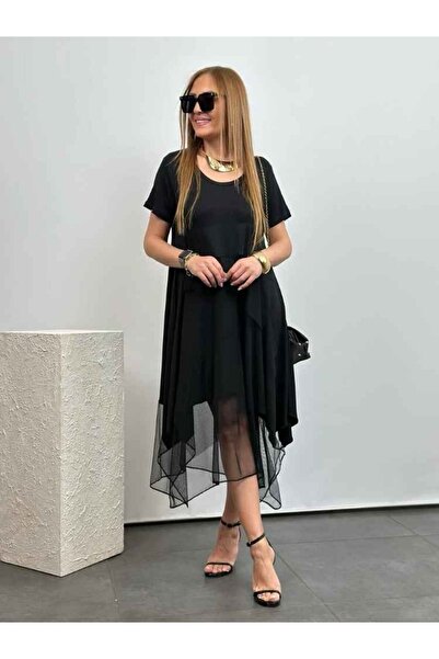 BosFonis Γυναικείο φόρεμα βισκόζης ασύμμετρης κοπής - Λεπτομέρεια από τούλι