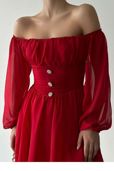 WOMAN VISION Rochie de damă din șifon, căptușită roșie, fără bretele, cu detaliu de nasturi, cu mânecă lungă, mini rochie evazată 089