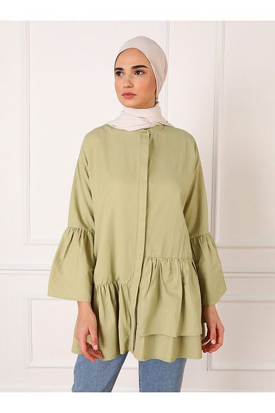 Refka Asymmetrical Flywheel Detailed Poplin Tunic - Olive - Refka