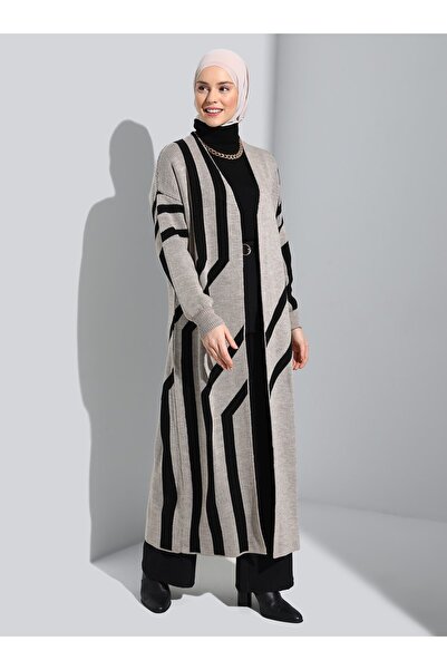 Refka Geometric Patterned Long Knitwear Cardigan with Balloon Sleeves - Mink Black - Refka