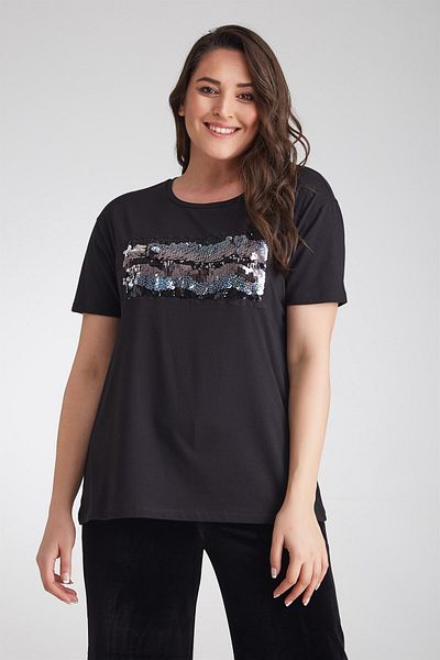 Seamoda Tricou negru cu broderie de paiete pe față