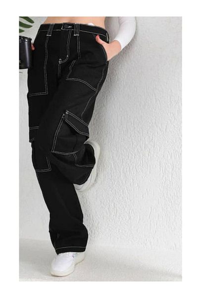 DUBAİ ÇOCUK Cargo Pocket Jeans Denim Reverse Stitching Black Girls' Pants Loose
