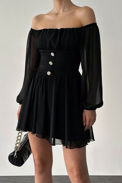 WOMAN VISION Rochie mini evazată cu mânecă lungă pentru femei, din țesătură șifon, căptușită neagră, guler fără bretele, cu detaliu de nasturi 089