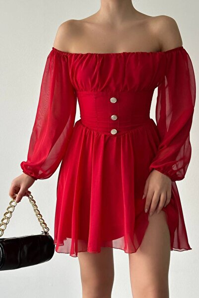 lovebox Kadın Astarlı Şifon Kumaş Straplez Yaka Düğme Tasarımlı Uzun Kollu Kırmızı Mini Abiye Elbise 089
