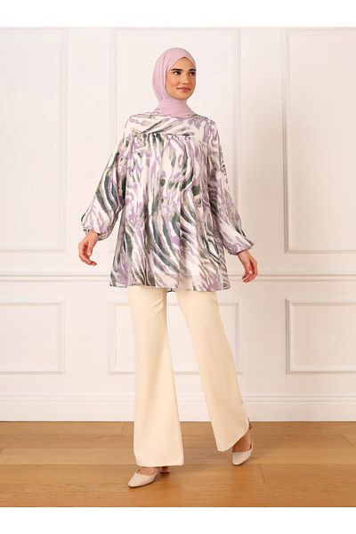 Refka Lined Zebra Patterned Chiffon Tunic with Elastic Cuffs - Lilac - Refka