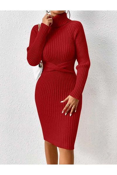 SolQ Rochie tricotată model cu nervuri cu panglică