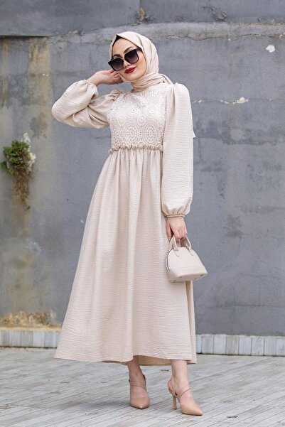 Tesettür Diyarı Lace Robe Linen Dress-Beige