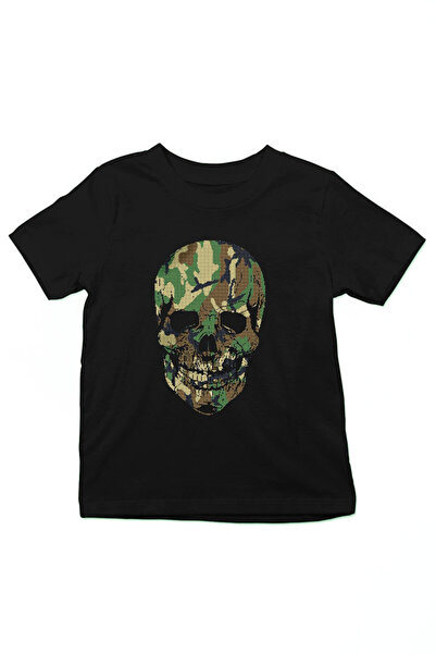 Darkhane Kamuflaj Asker Kurukafa Siyah Unisex Çocuk Tişört T-Shirt