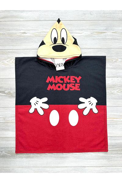 pistyle Prosop de plajă Poncho roșu cu glugă cu model Mickey, potrivit pentru vârsta de 3-8 ani