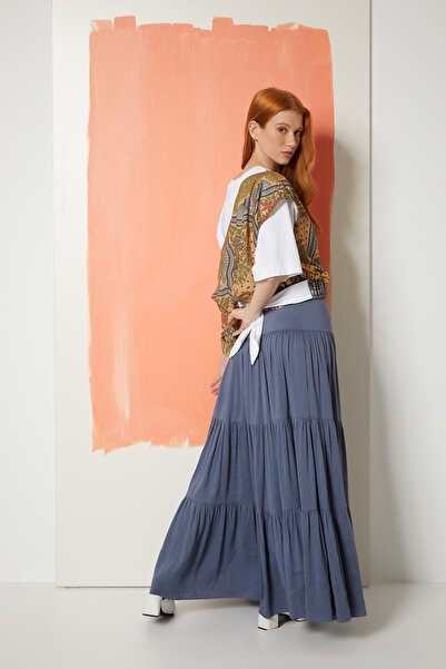 Manimani Büzgü Detaylı Mavi Midi Etek