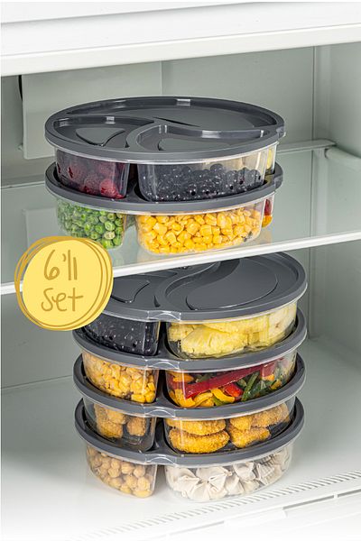 Vienev 1.2 Liter Anthracite 6-Piece 3-Compartment Round Storage Container