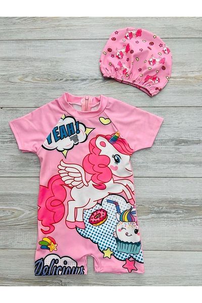 pistyle Girl's Light Pink Colored Unicorn Patterned Swimsuit Including Bonnet
