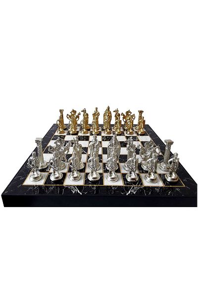 kapadokyahediyelik Chess Game Set, Wooden Box, Zamak Metal Cast Stone