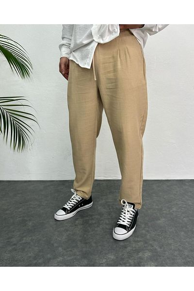 Oliggopol Ανδρικό λινό παντελόνι Camel Boyfriend Relaxed Cut Double Leg Jogger