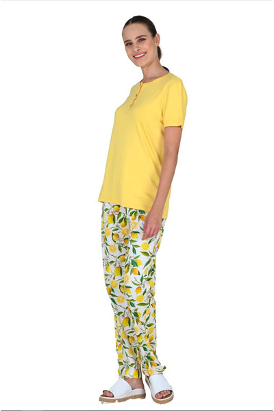 Jiber Kadın Viskoz Kısa Kol Sarı Pijama Takımı